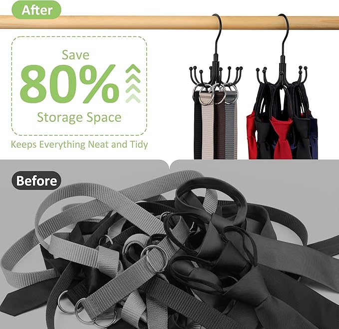 Belt Hanger, 2 Pack Rotatable Belt Organizer Rack for Closet Sturdy Max 48 Belts Storage with 16 Hooks, Hanging Space Saving Closet Organizers for Belts Holder, Black