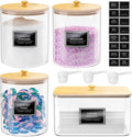 3+1 Pack Glass Laundry Pods Container & Acrylic Dryer Sheet Holder, Clear Laundry Room Organization Containers with Bamboo Lids & Labels, Powder Laundry Detergent Container for Scent Booster, Powder
