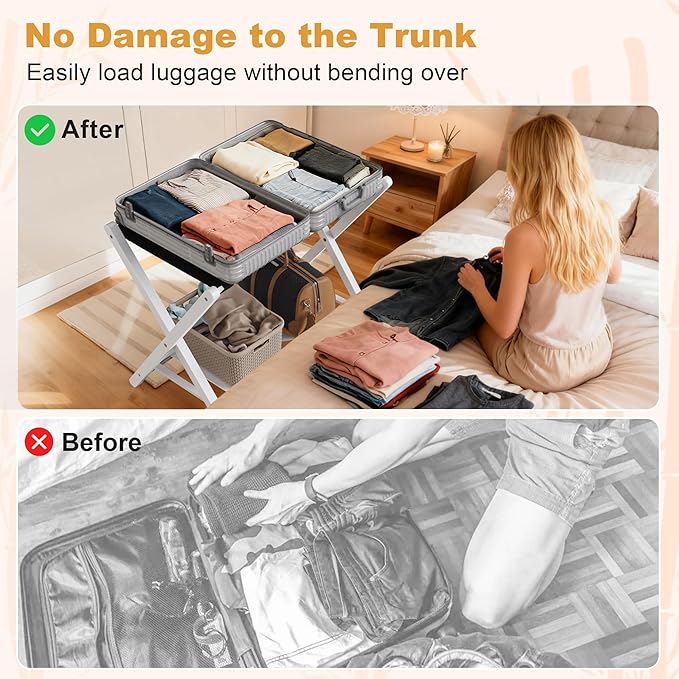 White Luggage Racks Set of 2, Bamboo 26.77" Luggage Rack Stand for Guest Room, 5 Nylon Straps, Foldable Suitcase Stand with Storage Shelf for Bedroom Hotel, Holds up to 165 Lbs