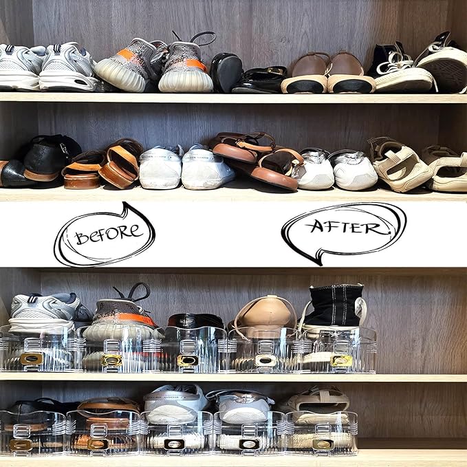 Shoe Slots Organizer,Adjustable Shoe Stackers,10 Pack Shoe Space Savers,Double Layer Shoe Riser Shoe Slot,Shoe Storage Holder for Closet,Transparent