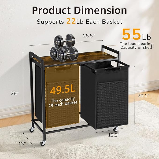 Laundry Hamper with Shelf, Laundry Basket with 2 Pull-Out Removable Bags, 2 x 13.1 Gallons(99L), Metal Frame, Lockable Wheels, for Laundry Room and Bedroom