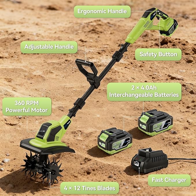 Cordless Tiller Cultivator - 21V 360RPM Electric Garden Tiller with 2 * 4.0Ah Batteries & Fast Charger, 9In Tilling Width and 6.7In Depth, Tiller for Gardening, Lawn, Soil