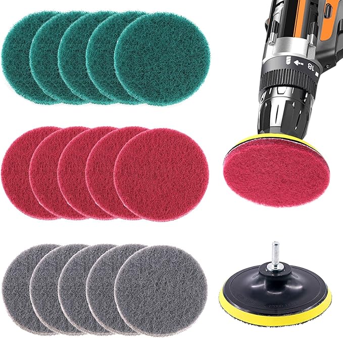 Glarks 16Pcs 5 Inch Drill Power Brush Tile Scrubber Scouring Pads Cleaning Kit with 5 Inch Disc Pad Holder for Bathroom & Kitchen Cleaning, 3 Different Stiffness (Red, Gray, Green)