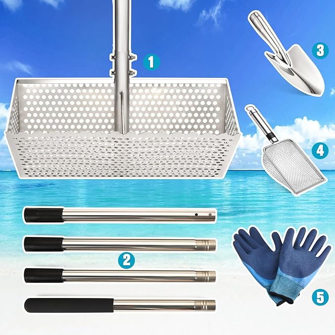 Sand Flea Rake, Stainless Steel Sand Sifter, Shark Tooth Sifter with A 16-Inch Wide Drain Screen for Finding Fleas,Shells and Shark Teeth