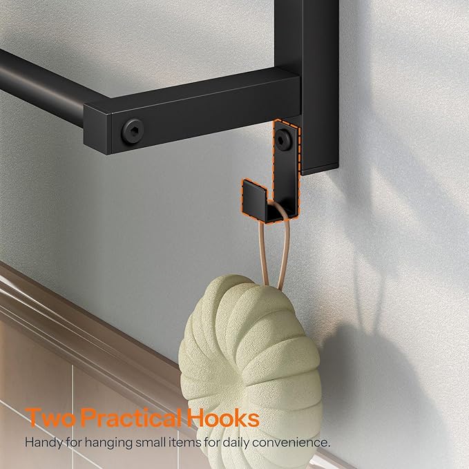 HOOBRO 23.8" Towel Rack for Bathroom, 3 Tier Towel Shelf with Tower Bars, Bathroom Storage Organizer for Towels and Toiletries, Towel Holder Wall Mounted with 2 Hooks, Black BK08LB01