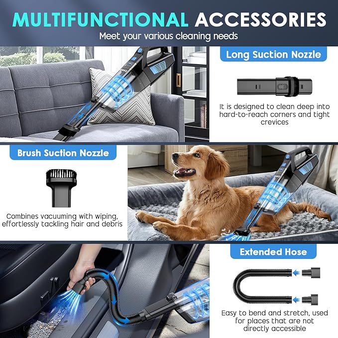 CKIKH Handheld Vacuum Cordless, 15000PA Strong Suction Hand Held Car Vacuum Cleaner Portable with Multi-Nozzles & Washable Filter, Lightweight Dust Busters Rechargeable for Home, Car, Office, Pets