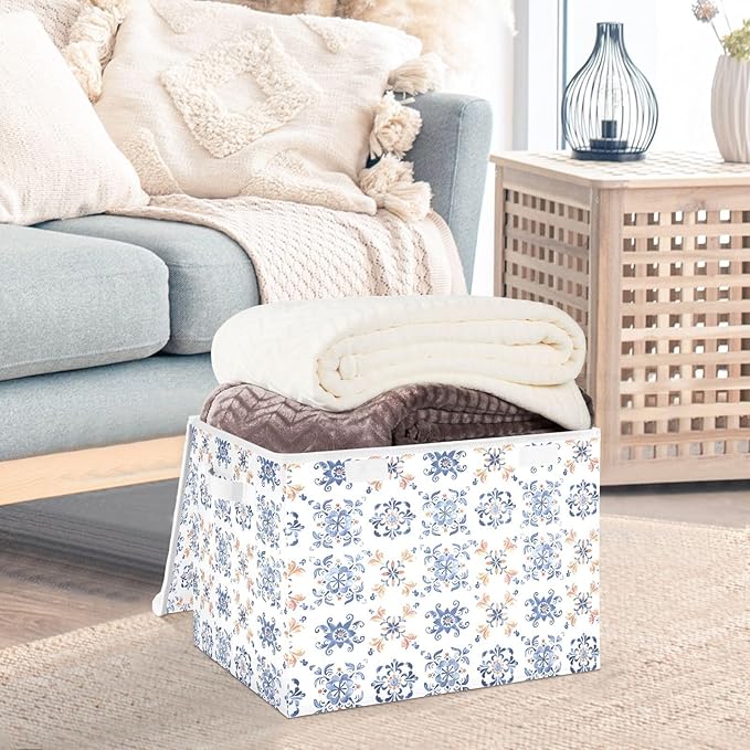 senya Large Storage Bins with Linen Collapsible Foldable Storage Cubes Fabric Closet Organizer Containers box with Flip-Top Lid for Home Bedroom Office 16.7 x 12.6 x 11.8in (Dutch Tiles)