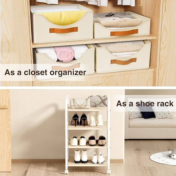 DIMJ Closet Organizers and Storage 4 Tier - Fabric Clothes Drawer Storage Bins, Stackable Rolling Storage Cart with Wheel, Small Dresser for Closet Bedroom Nursery Office