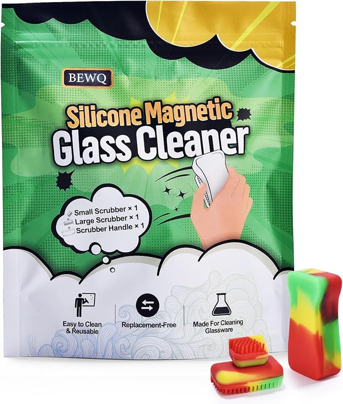 Magnetic Glass Cleaner Kit - Reusable Cleaning Tool with Handle, 2 Silicone Brushes for Deep Clean of Hard-to-Reach Stains in Glassware Vases Bottles Ceramics - Great Holiday Gift (Red)