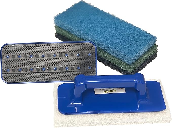 Scrub Dr. Multi-Surface Scrub Pad Holder with Scraper Edge - 4 Pack Reusable Commercial Grade Scrub, Perfect for Kitchen Set Cleaning, Grill Cleaning Kit, and Tile Scrubber by The Tile Doctor