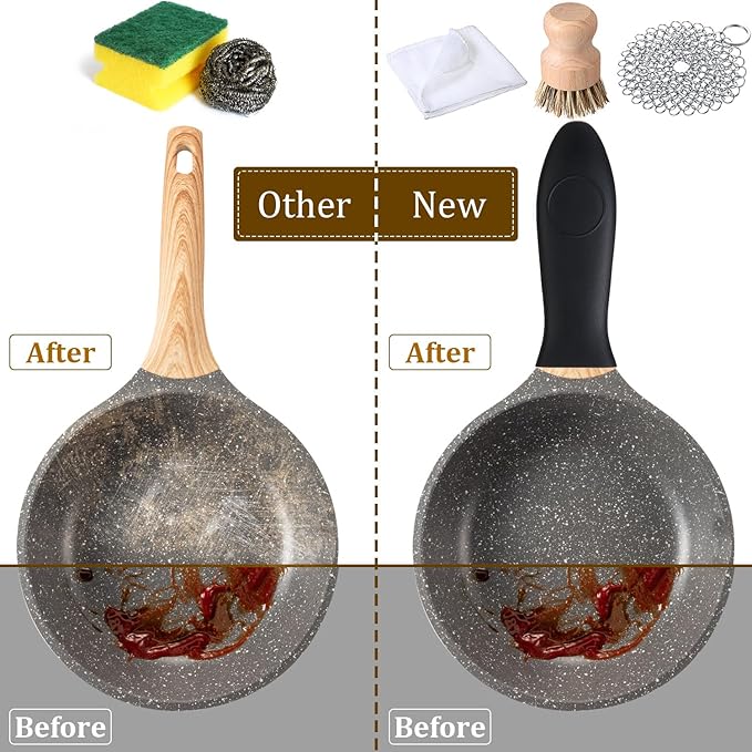 Patelai 7 Pieces Cast Iron Cleaner Set Include Stainless Steel Chainmail Scrubber with Bamboo Dish Scrub Brush Hot Handle Holder 2 Pan Grill Scrapers Kitchen Towel Wall Hook (Classic Color)