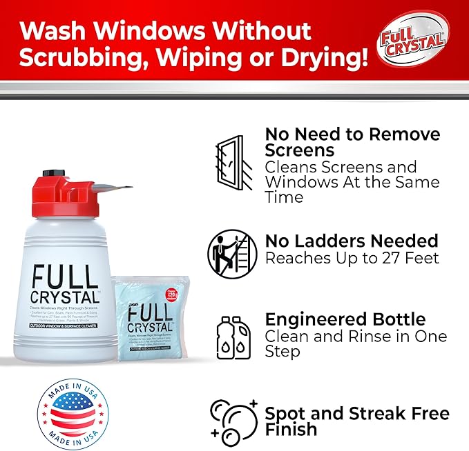 Full Crystal Window Cleaning Kit – 4 oz Glass Cleaner and Bottle with 27 ft Reach, Makes Up to 640 fl oz, Cleans Up to 20 Windows, Scrub-Free, Rinse-Free
