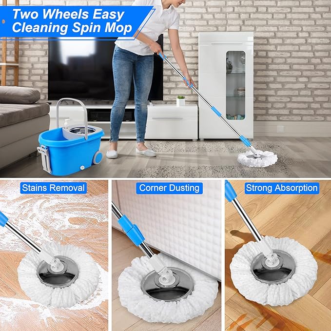 Spin Mop & Bucket, 360 Spinning Mop Bucket Kit, Stainless Steel Bucket Wringer Set, Plus 3 Replacement Head Refills, 360 Spinning Mopping System, 61" Extended Handle for Floor Cleaning (Blue)