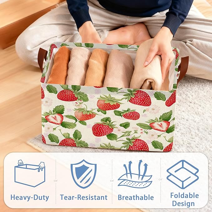 Strawberry Storage Baskets,Leaves Foldable Large Capacity Organizer Bins with Waterproof Lining and Leather Handles for Closet,Shelf,Bedroom 17x11.5x10Inch