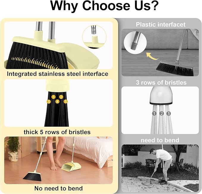 Broom and Dustpan Set House Brooms for Sweeping Indoor Collapsible Broom and Dust Pan Combo for Home Office Kitchen Lobby Floor Pet Hair (Small-Yellow)