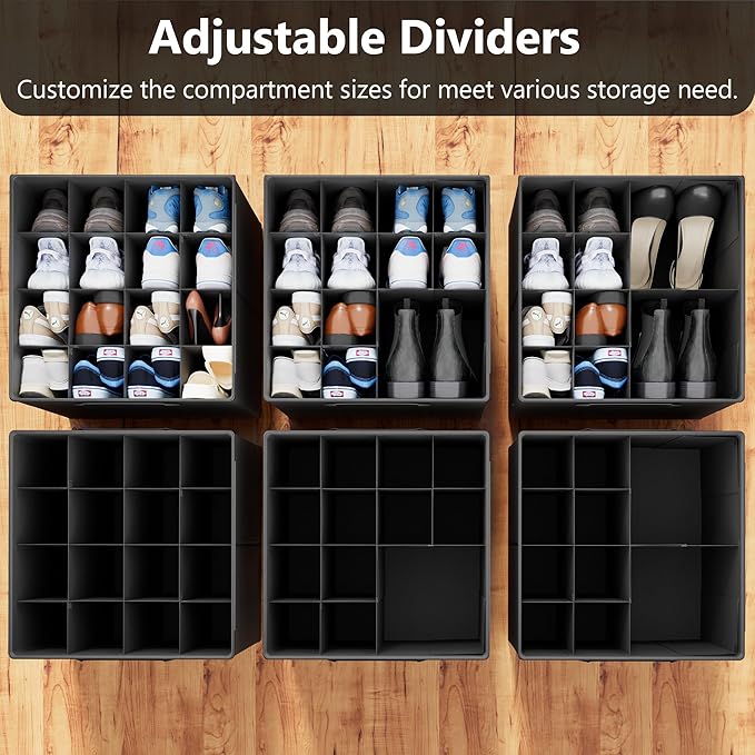SUOCO 2 Pack Shoe Organizer for Closet, Fits up to 32 Pairs, Small Space Shoe Storage Boxes Bins Containers w/Adjustable Dividers and Clear Top, Black