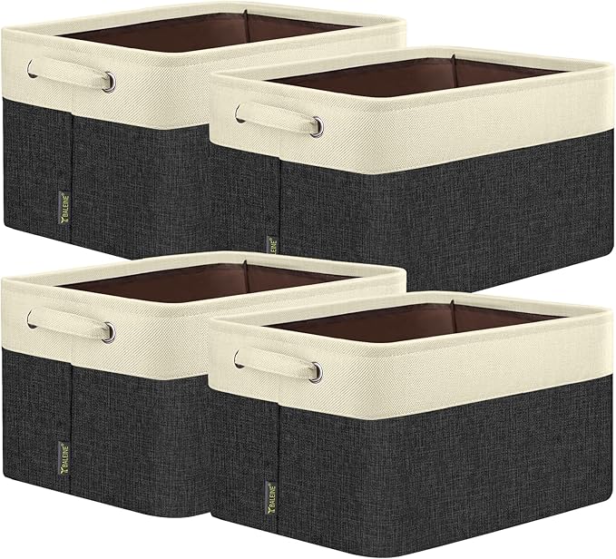 BALEINE 4 Pack Fabric Storage Bins for Shelves, Linen Storage Baskets for Organizing, Decorative Closet Bins for Clothes, Home (Black, 12"x8"x8")
