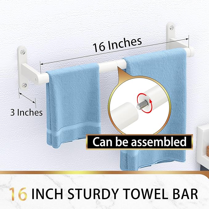 White Towel Bar 16 Inch, KLJKPA Towel Bar for Bathroom Wall Hanging Bath Towels, Stainless Steel Heavy Duty Single Towel Rod