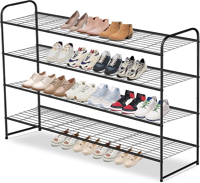 AOODA 4 Tier Long Metal Shoe Rack for Closet Wide Stackable Shoe Storage Organizer for Entryway, Bedroom, Floor, Holds 30 Pairs Men Sneakers Large Boot Shelf with Wire Grid, Black