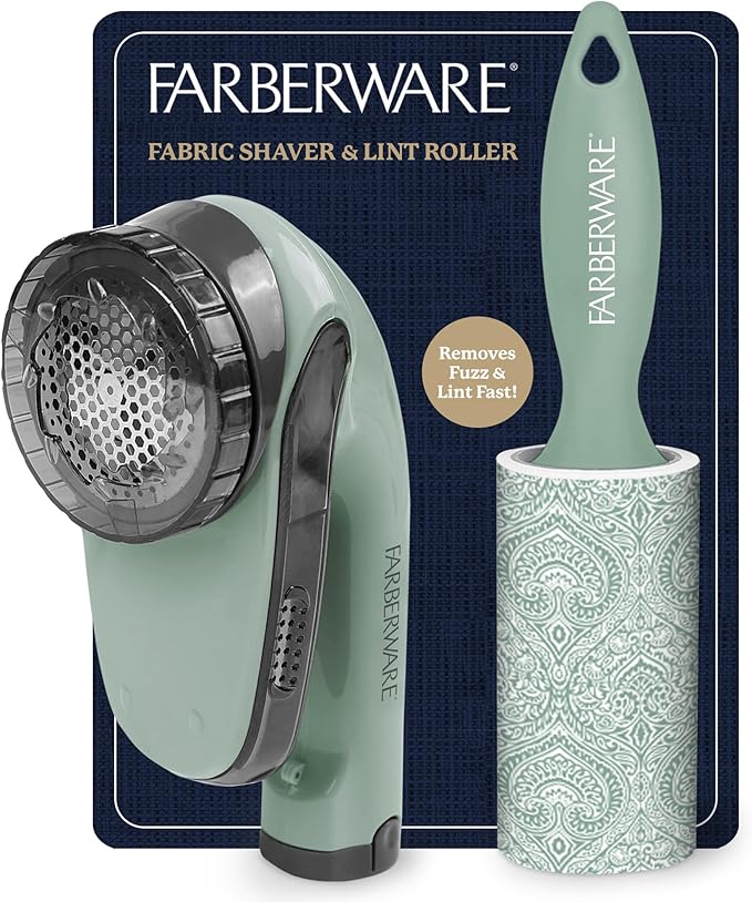 Farberware Fabric Shaver & Lint Remover Set–Battery Operated Sweater Shaver with Triple Blades and Extra Sticky Roller for Pet Hair, Fuzz & Pilling on Clothes, Upholstery & Bedding (Sage, Large)