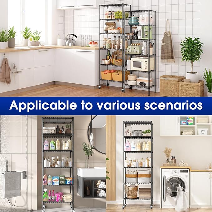 Adjustable 6-Tier Heavy Duty Wire Shelving Rack, 14" D x 24" W x 71" H Storage Shelves with Wheels, 750 lbs Capacity Rolling Metal Shelving for Garage, Pantry, Kitchen, Closet
