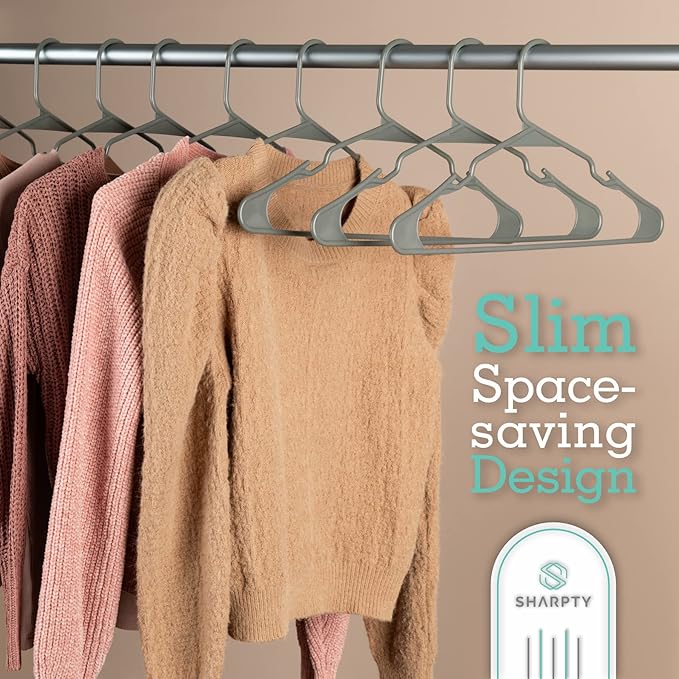 Sharpty Plastic Hangers Clothes Hangers for Clothing, Closet, Coats & Shirts - Notched, Durable, Thick, Tough & Space Saving - for Everyday Standard Use, Room Essentials & Basics - 50 Pack - Grey