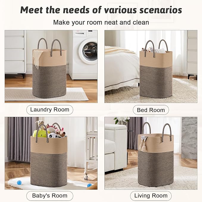 Laundry Basket,Woven Cotton Rope Laundry Hamper,Versatile Storage for Dirty Clothes,Baby Toys,and Blankets in Bathroom, Nursery,and Living Room (Jute, 80L)