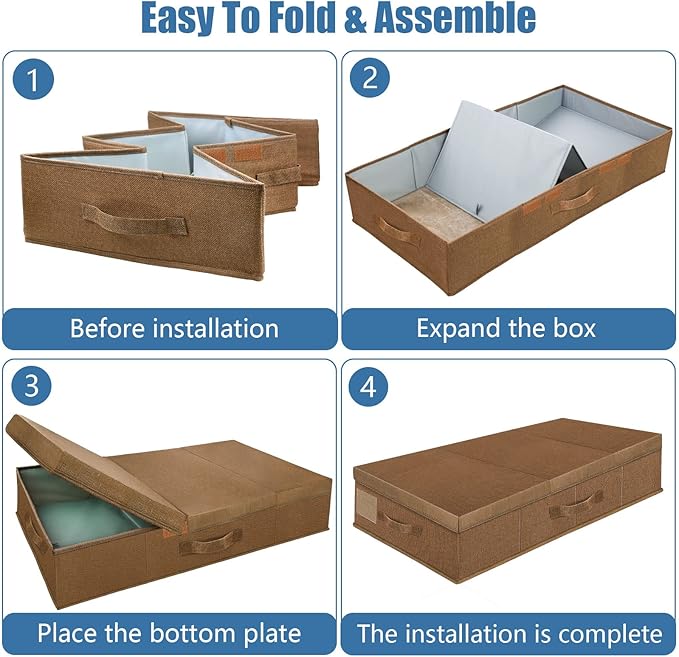 Supowin Underbed Storage Containers Bin with Lids (2pcs) Large Under Bed Storage Organizer Box with Handle, Foldable Under the Storage Bags for Organizing Clothes, Shoes, Blankets, Pillows-Dark brown