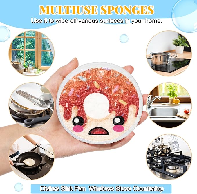 8 Pack Cute Kitchen Sponges Dish Set Compressed Non-Scratch Reusable Kitchen Cleaning Household Sponges for Dishes, Pans, Kitchen, Fruit, Plate, Bathroom(Donut)