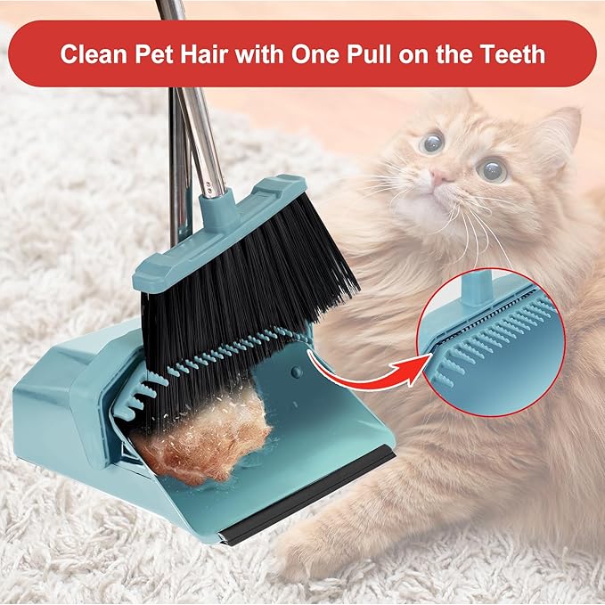 Upgrade Broom and Dustpan Set, Broom with Dustpan Combo Sets, Large Brooms and Dust Pan with Handle, Self-Cleaning Dust Pans, Heavy Duty Broom and Dustpans Set for Lobby Kitchen Office - Green