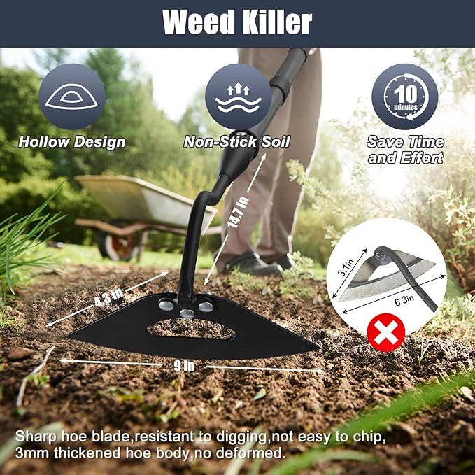 Hoe Garden Tool, 70 Inch Long Handle Hollow Hoe, Adjustable Manual Weeder Heavy Duty Garden Hoe for Weeding, Digging, Hoeing, Cutting and Loosing Soil
