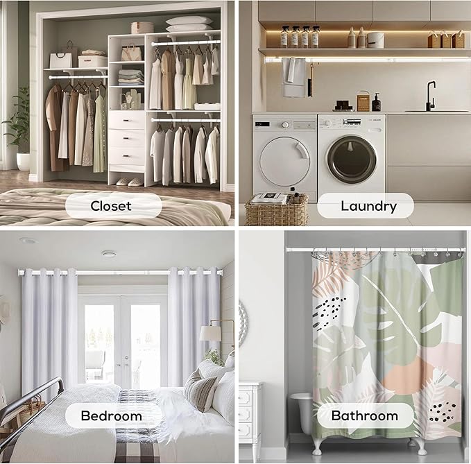 1.3 Inch Diameter Closet Rods for Hanging Clothes, Metal Heavy Duty Closet Rod 17-64 Inch Adjustable, White Closet Bar for Hanging Clothes, Suitable for Closet, Wardrobes, Bathroom, Windows
