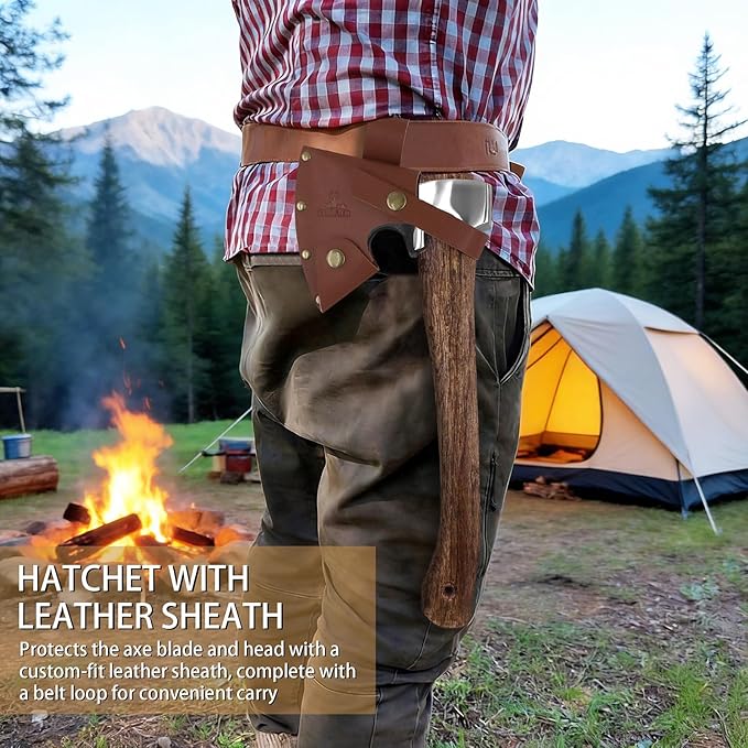 Camping Hatchet -Chopping Axe with Leather Sheath, 14.4" Forged Carbon Steel Wood Splitting Axe for Chopping Camping Survival