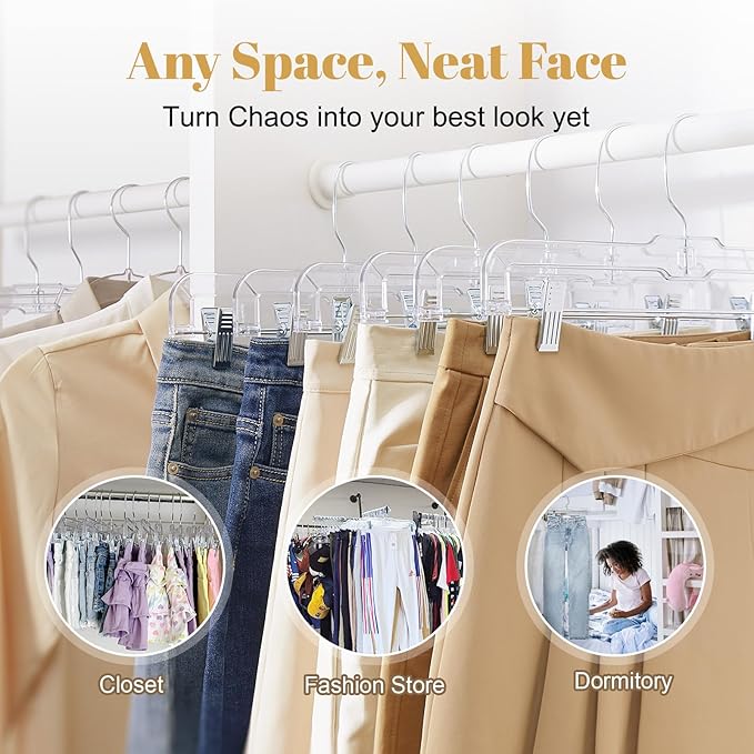 HOUSE DAY 50 Pack Skirt Hangers Pant Hangers with Clips, Clear Plastic Hangers for Pants, Skirts, Shorts, Versatile Use Clip Hanger, Retail Hanger