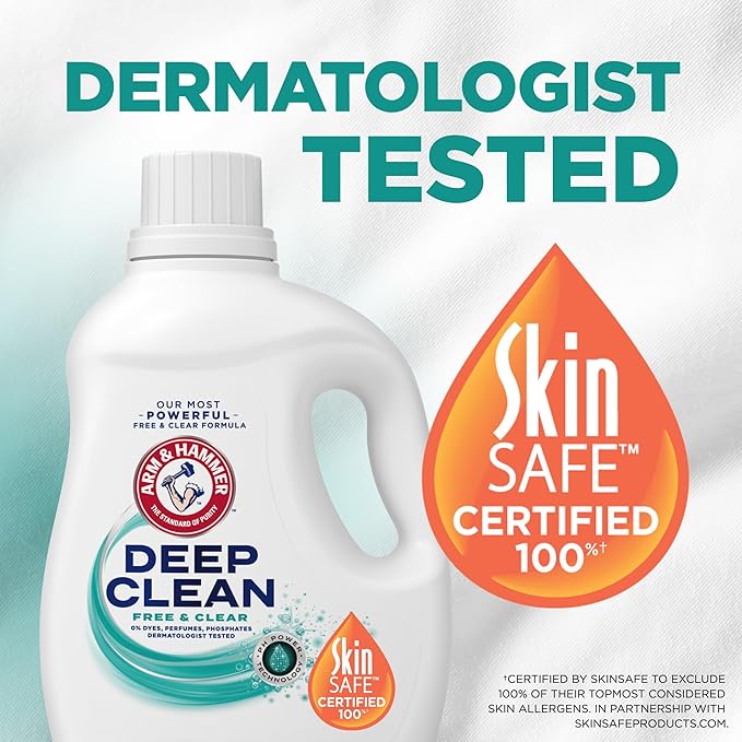 ARM & HAMMER Deep Clean Free & Clear Liquid Laundry Detergent, Free of Dyes, Perfumes and Phosphates, Suitable for Sensitive Skin, Dermatologist Tested, 75 Fl Oz, 50 Loads