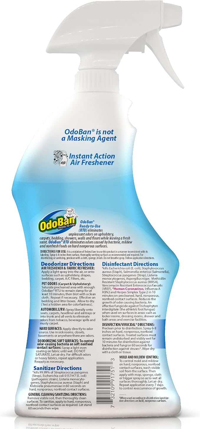 OdoBan Ready-to-Use Disinfectant and Odor Eliminator, Made in the USA, Fresh Linen Scent, Set of 3, 2 Spray Bottles, 32 Ounces Each and 1 Gallon Concentrate