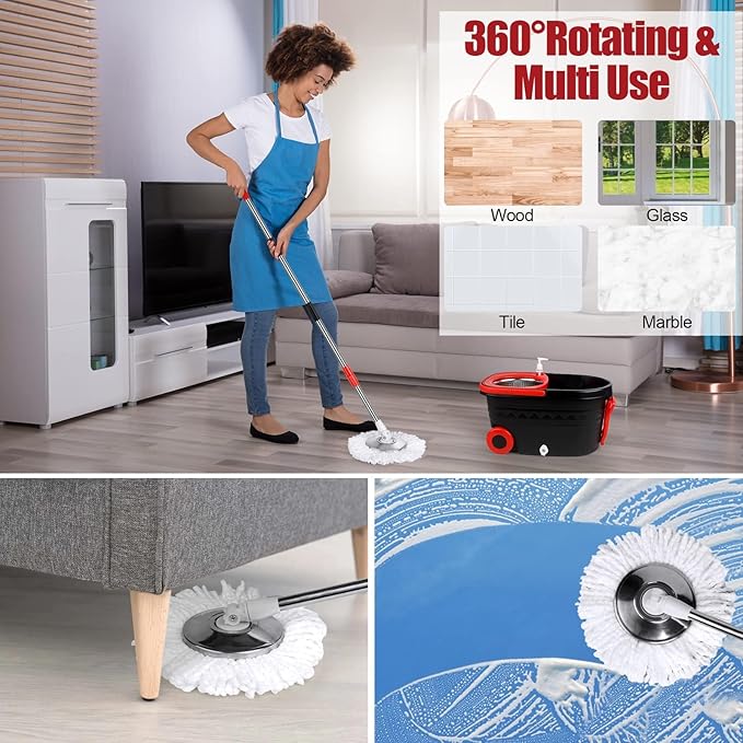 Spin Mop and Bucket with Wringer Set on Wheels, 360 Spinning Mop with Stainless Steel Handle for All Hard Surfaces, Floor Cleaning System with 3 Microfiber Replacement Heads, Black/Red