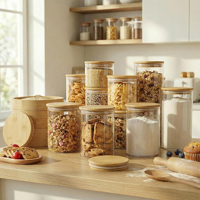 32oz & 21oz - 4 Pack Glass Jars with Bamboo Lids, Glass Pantry Storage Containers with Airtight Lids, Round Air Tigh Food Storage Canisters for Cereal, Pasta, Flour, Sugar, Best for Kitchen Organizer