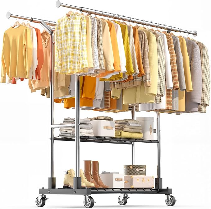 Luxspire Heavy Duty Clothes Rack Load 650 LBS, Double Rod Clothing Racks for Hanging Clothes, Rolling Garment Racks with Lockable Wheels, Shelves, Adjustable Laundry Hanging Rack, Silver