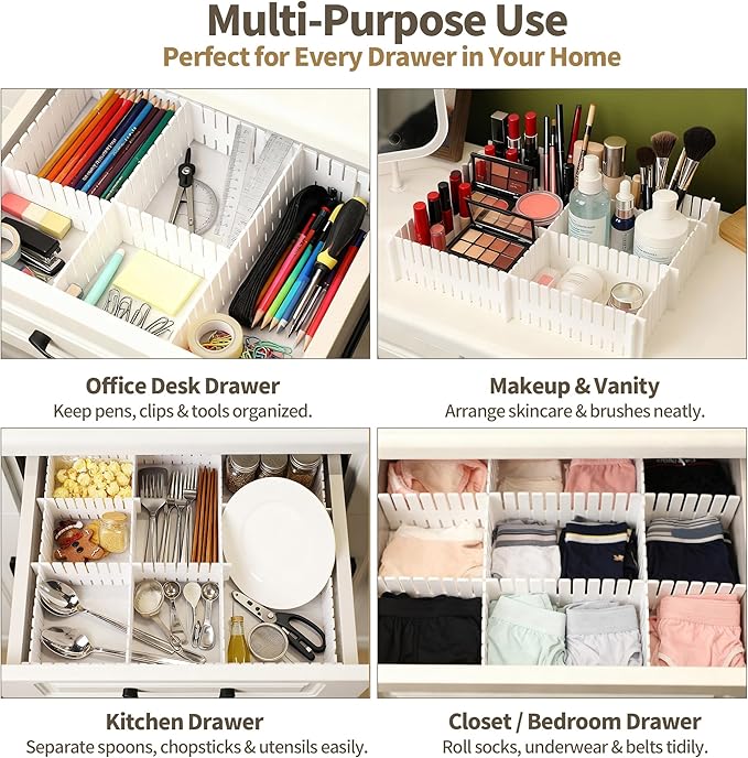 Drawer Divider Adjustable DIY Storage Organizer Separator for Tidying Clutter Cutlery Underwear Socks Clothes Dresses Desk & Box in Kitchen Bathroom Bedroom Office (Cut at Will)
