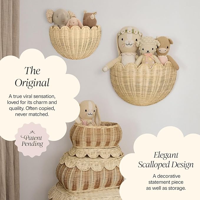 BEBE BASK The Original Scalloped Wicker Wall Basket – Set of 2 – Handwoven Scalloped Wall Baskets (16 x 10 x 7 in), Woven Rattan Wall Hanging Baskets - Natural Scalloped Basket
