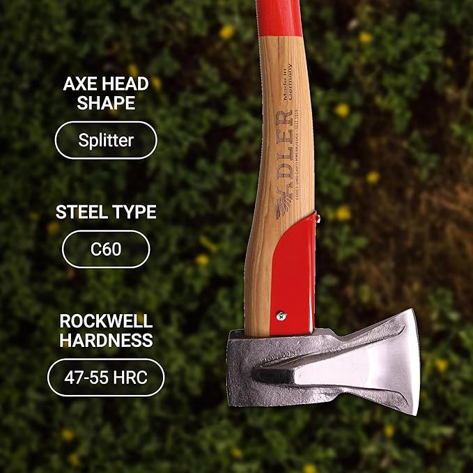 Adler - The Short Splitter, Hickory Wood, Leather Sheath, German Made, Anti-Slip Wood Splitting Axe, Head 2.7 pounds, Handle 19.6 inches