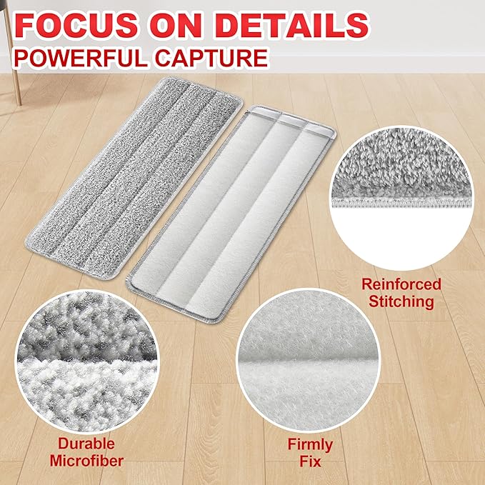 Flat Mop Pads, Reusable Mop Cleaning Refills, Microfiber Pads for BOSHENG Flat Mop or Mop Bucket System, Pack of 4 Washable 13-Inch Mop Heads - Grey