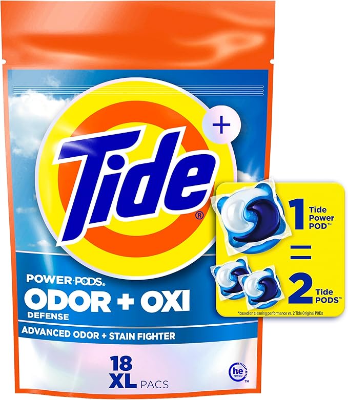 Tide Odor Defense + Oxi Laundry Detergent Pacs, Original Scent, 18 Count, Advanced Odor + Stain Fighter, laudry soap washing detergent pacs