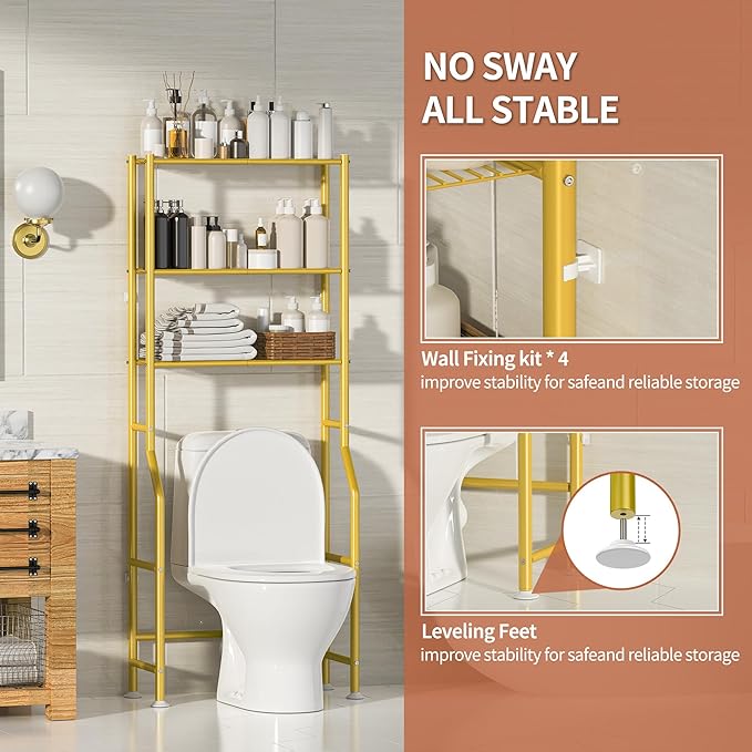 3-Tier Over The Toilet Storage, Freestanding Metal Bathroom Shelves, Space Saver Above The Over Toilet Storage Shelf for Bathroom (Gold)
