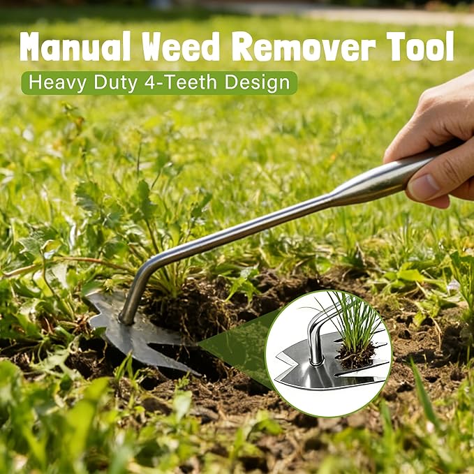 Weed Puller Tool, 4 Teeth Stainless Steel Manual Weeder, Portable Weed Remover Pulling Tool for Cracks Vegetables Garden Backyard Farm Planting & Weeding