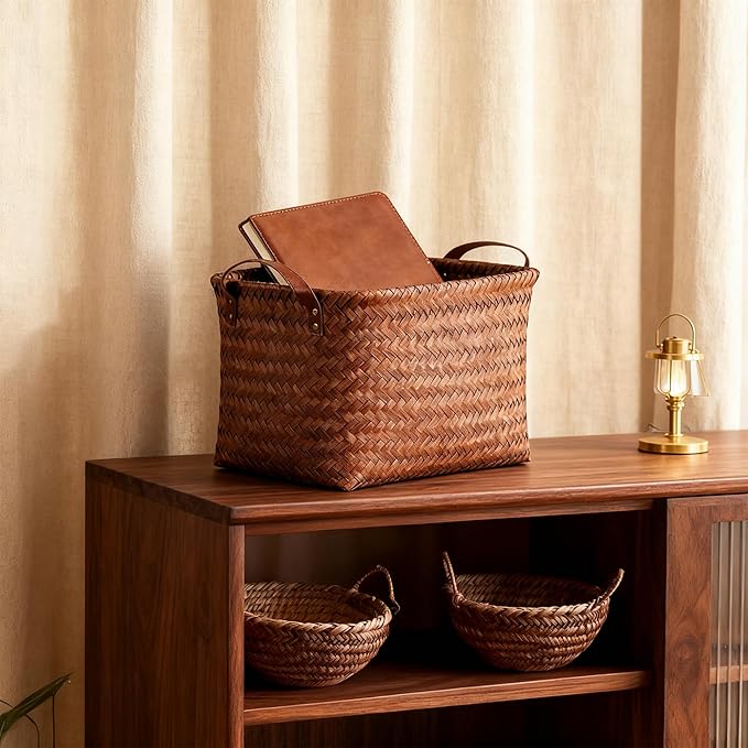 10pcs 15L Laundry Baskets Waterproof Storage Basket For Shelves Large Laundry Hamper With Leather Handle -Cube Organizer Woven Bins for Bathroom,Bedroom,Pantry,Clothes,Car Towels-Brown