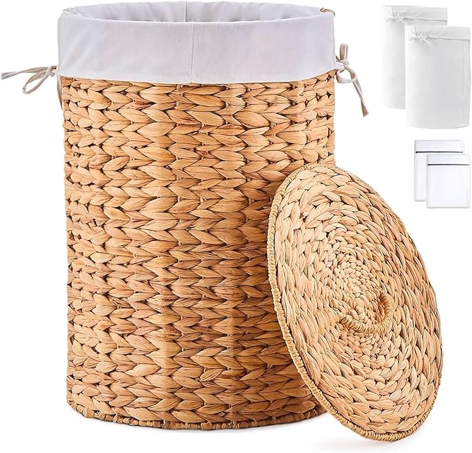 Round Water Hyacinth Laundry Hamper with Lid Handwoven Wicker Basket with Handles for Dirty Clothes, Storage, and Organization Ideal for Bedroom, Bathroom, and Laundry Room, No Assembly Required, 60L