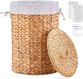 Round Water Hyacinth Laundry Hamper with Lid Handwoven Wicker Basket with Handles for Dirty Clothes, Storage, and Organization Ideal for Bedroom, Bathroom, and Laundry Room, No Assembly Required, 60L