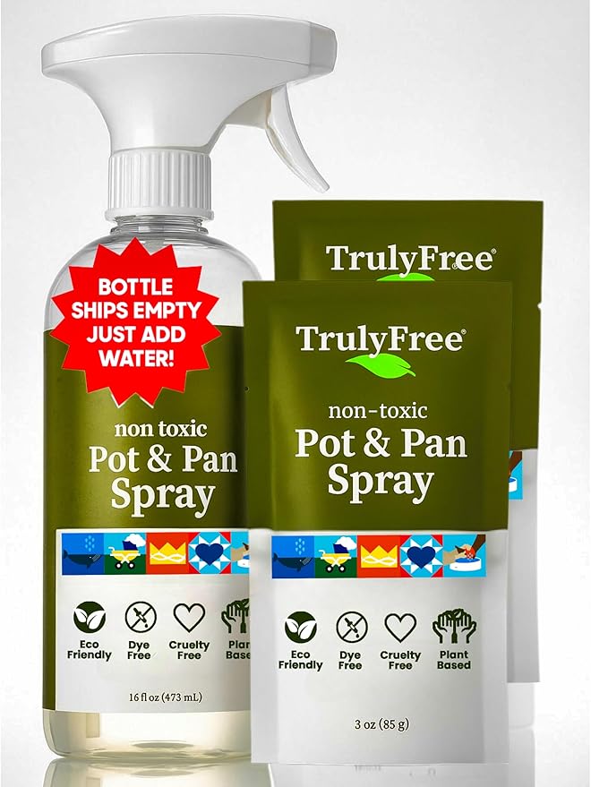 Truly Free Heavy Duty Pot & Pan Spray | Non Toxic Powerful Grease Remover, Multi-Purpose Kitchen Oven Cleaner Spray Degreaser for Stove Top, Grill Citrus Scent | Includes 1 Empty Bottle & 2 Refill
